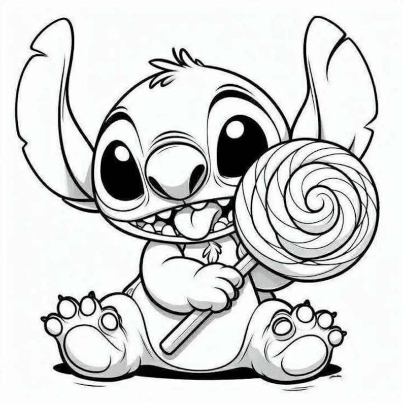 K&ouml;nnte beinhalten: Schwarz-Wei&szlig;-Cartoon-Illustration einer Figur, die einen Lolli h&auml;lt. Die Figur hat gro&szlig;e Augen, ein breites Grinsen und gro&szlig;e Ohren. Der Lolli hat ein Spiraldesign.