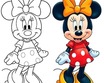 Könnte beinhalten: Eine Schwarzweiß-Zeichnung einer Comicmaus mit Schleife auf dem Kopf und eine farbige Version desselben Bildes mit einem roten Kleid und gelben Schuhen.