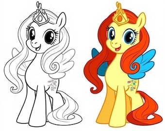 Könnte beinhalten: Eine Schwarzweiß-Zeichnung eines Prinzessinnen-Ponys mit einer Krone und eine farbige Version desselben Ponys mit einem gelben Körper, orangefarbener Mähne und Schwanz und blauen Flügeln.