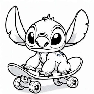 K&ouml;nnte beinhalten: Schwarz-Wei&szlig;-Illustration einer Zeichentrickfigur mit gro&szlig;en Ohren und Augen, die auf einem Skateboard f&auml;hrt. Die Figur hat ein hellblaues Fleckenmuster auf dem R&uuml;cken.