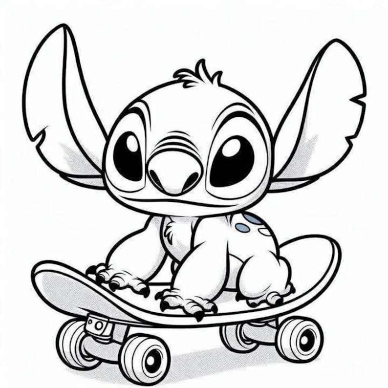 K&ouml;nnte beinhalten: Schwarz-Wei&szlig;-Illustration einer Zeichentrickfigur mit gro&szlig;en Ohren und Augen, die auf einem Skateboard f&auml;hrt. Die Figur hat ein hellblaues Fleckenmuster auf dem R&uuml;cken.