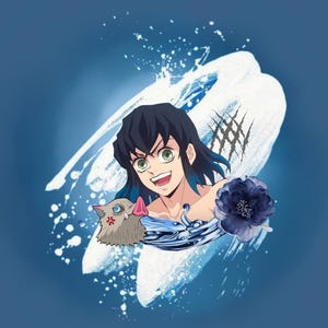 May include: A digital illustration of a character from the anime Demon Slayer. The character has blue hair and green eyes and is smiling. The character is surrounded by water and a white background. A small pig-like creature is in the foreground.