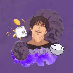 May include: A digital illustration of a man with black hair and a black shirt. He is smiling and has a wallet, money, and a bowl of rice around him. The background is purple.
