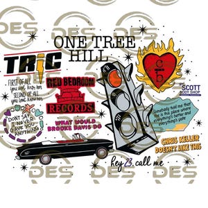 May include: A graphic design featuring text and illustrations from the TV show "One Tree Hill." Elements include a red heart with flames, a black convertible car, and phrases like "TRIC" and "Red Bedroom Records."