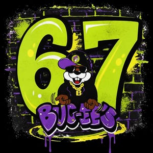 May include: A graphic design featuring a cartoon beaver wearing sunglasses, a hat, and a gold chain. The beaver is positioned in front of the number "67" in neon green, with the word "BUGEES" in purple graffiti style. The background is a brick wall.