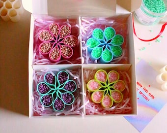 4 Blue-Green ASMR Flower Soaps with Starch, Crunchy Gift Set for ASMR Lover, Crushing Cutting Crumble Damaging Crispy Flower Shaped Soaps
