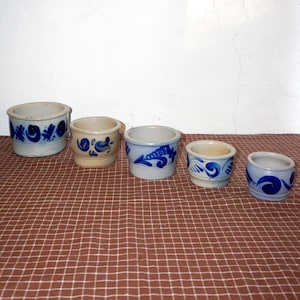 vintage german stoneware pots - salt-glazed cobalt blue & gray kitchen crocks - farmhouse storage set of 5 - westerwald flower pots in blue