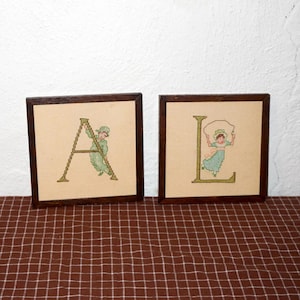 Antique Framed Cross Stitch Art: L & A, Nursery Folk Decor