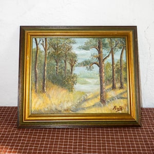 Vintage Forest Landscape Oil Painting: Signed Woodland Wall Art in Gold Frame