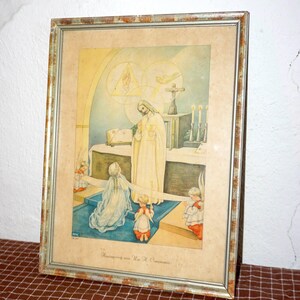 vintage catholic first communion print - framed devotional art - eucharist with children & christ - religious wall decor - pmc illustration