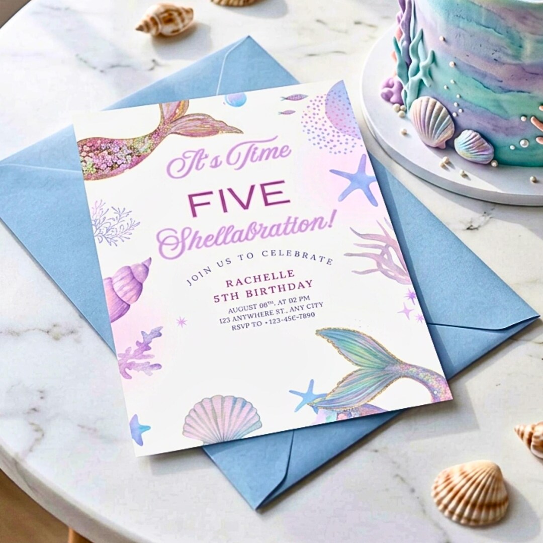 Mermaid 5th Birthday Invitation: Pastel Purple Shellabration Party ...