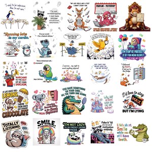May include: A collection of colorful, humorous stickers featuring various animals and objects with witty sayings. Designs include a penguin with a sign, a raccoon with a plant, a kangaroo with a calculator, and an octopus with a laptop. The stickers are perfect for decorating laptops, water bottles, or notebooks.