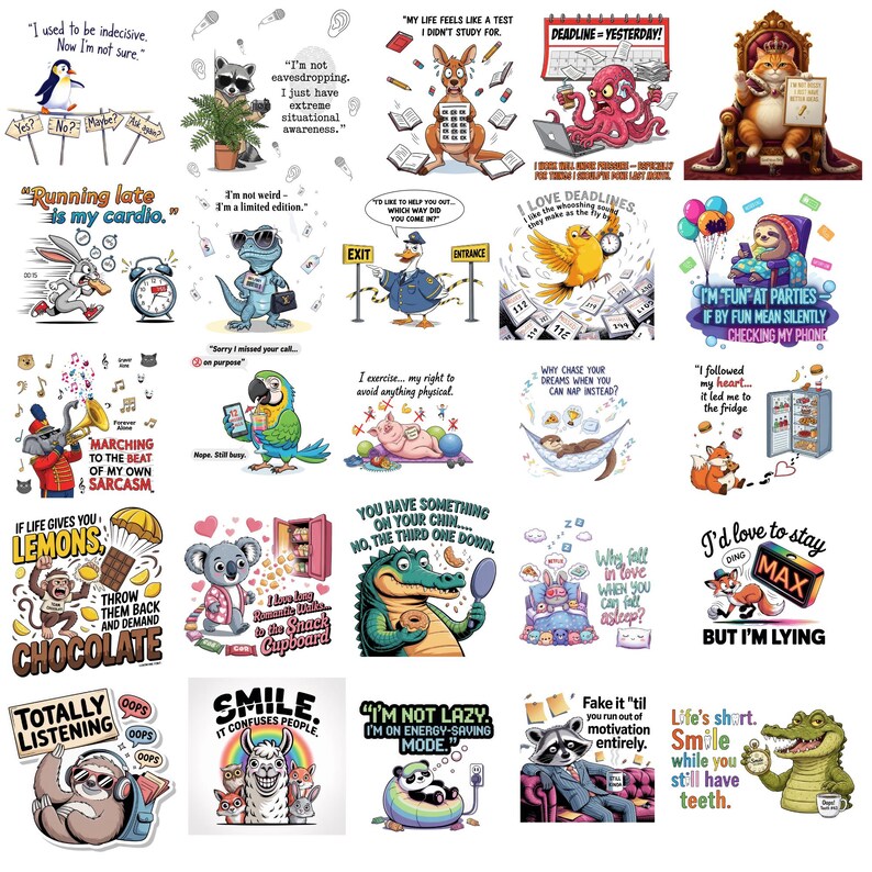 May include: A collection of colorful, humorous stickers featuring various animals and objects with witty sayings. Designs include a penguin with a sign, a raccoon with a plant, a kangaroo with a calculator, and an octopus with a laptop. The stickers are perfect for decorating laptops, water bottles, or notebooks.