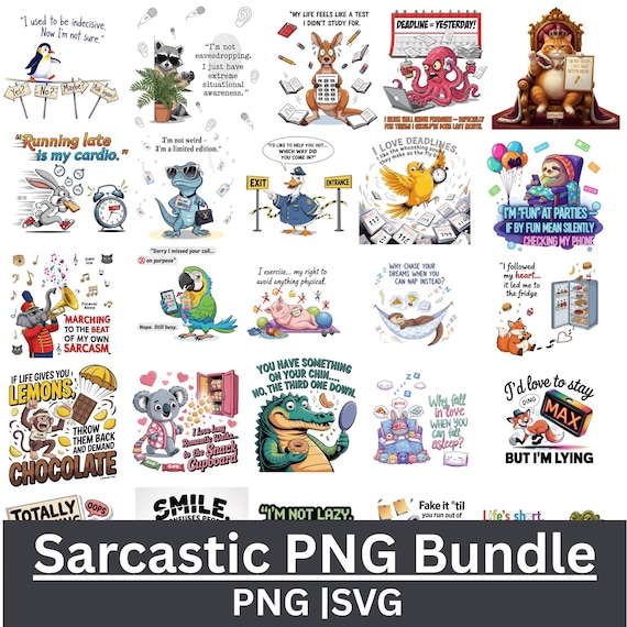 45 Sarcastic Png Bundle, Funny Quotes T-shirt Png, Sarcasm Png, Funny Animal Saying Png, Adult Humor Png, Sarcastic Quotes Png, SVG Bundle