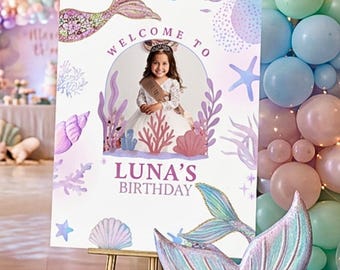 Editable Mermaid Party Welcome Sign Template – Under the Sea Mermaid Tail Birthday Decor in Pastel Pink & Purple | Instant Digital Download