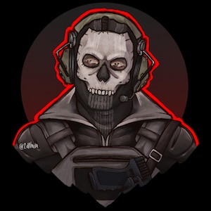 May include: Digital illustration of a character with a skull mask, wearing a headset and tactical gear. The artwork features a black background with a red circle behind the character's head. The character's face is a skull, with a black balaclava and a gray jacket.