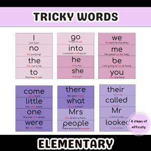 Puede incluir: Tarjetas didácticas con el título "Tricky Words". Cada tarjeta presenta una palabra común y un ejemplo de frase. Las tarjetas están dispuestas en una cuadrícula y divididas en 4 niveles de dificultad, para la educación primaria.