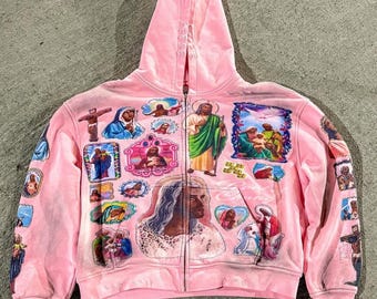 Pink Religious Collage Zip-Up Hoodie – Vintage Graphic Sweatshirt
