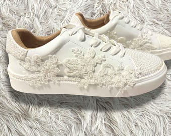 Custom Bridal Sneakers with Pearl, Rhinestone, Lace Appliqué