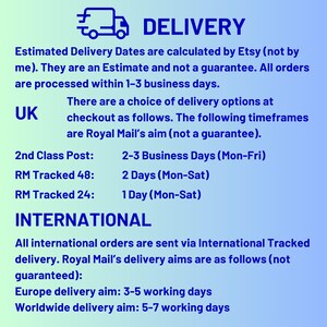 Op de afbeelding: Een informatieve grafische afbeelding met blauwe tekst op een lichtblauwe tot groene gradi&euml;ntachtergrond. Het bevat een vrachtwagenicoon en het woord DELIVERY, gevolgd door details over verwerkingstijden, bezorgopties en internationale verzending.