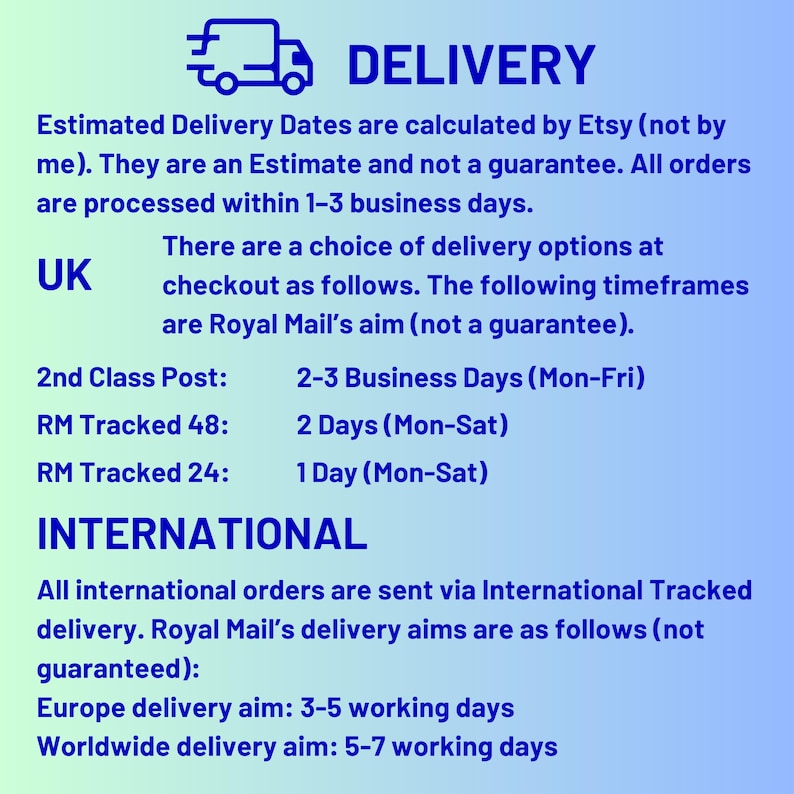Op de afbeelding: Een informatieve grafische afbeelding met blauwe tekst op een lichtblauwe tot groene gradi&euml;ntachtergrond. Het bevat een vrachtwagenicoon en het woord DELIVERY, gevolgd door details over verwerkingstijden, bezorgopties en internationale verzending.
