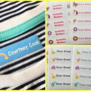 Personalised Iron On Name Labels for Clothes, Waterproof Name Tags for Kids School Uniform Clothing, washable, unicorn, dinosaur, space
