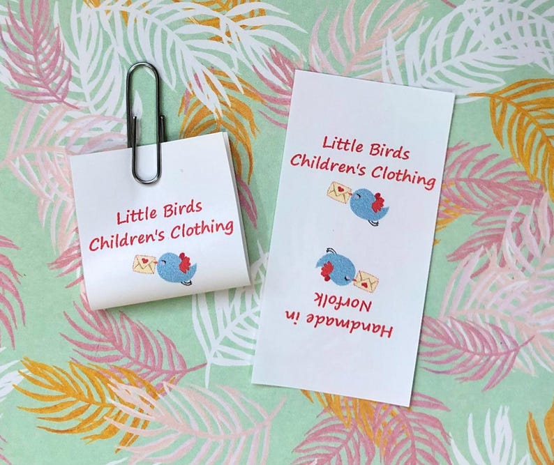 personalised craft labels for handmade items. washable sew-in loop labels. multi-colour labels with a picture of a little bird delivering a love letter, personalised with your own text.