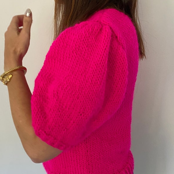 KNITTING PATTERN- Puff Sleeve Sweater.  Short sleeve crewneck knitting pattern