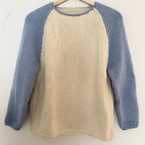 May include: A two-tone sweater with a raglan sleeve design. The body of the sweater is cream-colored, while the sleeves are a light blue. The sweater is made of a knitted material and is hanging on a wooden hanger.