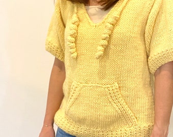 Hand- knit Short Sleeve Pocket Hoodie Sweater.  Wool sweater