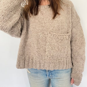 KNITTING PATTERN- Oversized Pocket Pullover.  Sizes 2/3, 4/5, 6/7, 8/9, 10/12, xs, s, m, l, xl, xxl.  Easy quick knit