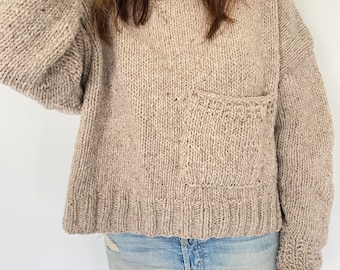 KNITTING PATTERN- Oversized Pocket Pullover.  Sizes 2/3, 4/5, 6/7, 8/9, 10/12, xs, s, m, l, xl, xxl.  Easy quick knit