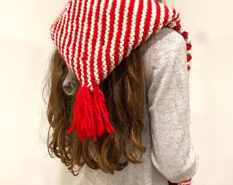 KNITTING PATTERN- Candy Cane Hooded Scarf.  Scarf with Pockets.