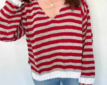 Patrón de tejido para jersey de cuello en V: Suéter de algodón extragrande (patrón PDF)