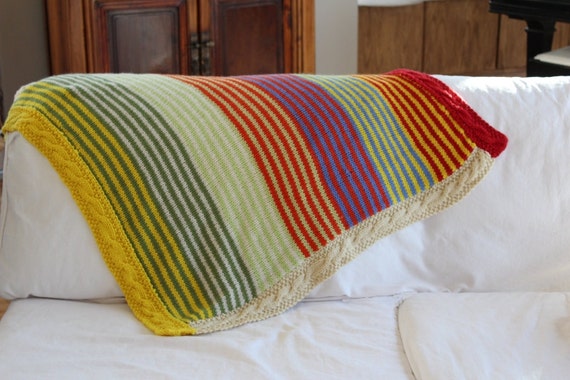 ストライプ柄ベビーブランケットの編み図：太い糸、ケーブルボーダー