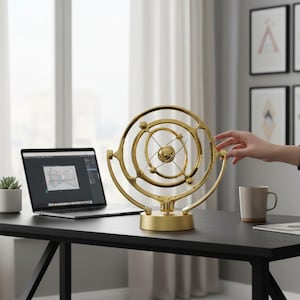 Op de afbeelding: Een goudkleurig, bolvormig, decoratief bureau-ornament met een cirkelvormig ontwerp. Het ornament heeft een centrale bol en verschillende draaiende bollen, gemonteerd op een cirkelvormige basis. Een laptop, een kleine plant en een mok staan ook op het bureau.