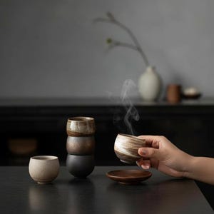 Set van 5 handgemaakte keramische theekopjes | Traditioneel aardewerk theekopje | Theeceremonie en meditatie:
