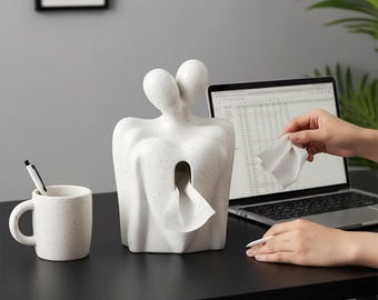 Caja de pañuelos de cerámica con diseño de pareja romántica / Diseño moderno para amantes / Decoración de mesa para sala de estar