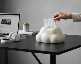 Caja de pañuelos de cerámica con diseño de nube / Soporte moderno blanco brillante / Decoración para baño y tocador