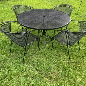 Vintage Wrought Iron Woodard Patio Set: Table & 4 Barrel Chairs