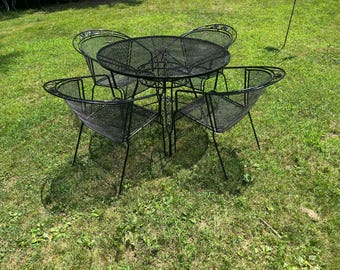 Beautiful Wrought Iron Vintage Patio Set Table And 4 Barrel Chairs