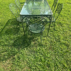 Vintage Woodard Wrought Iron Patio Set: Glass Top Table & 6 Chairs
