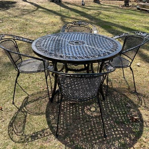 Gorgeous Decorative Metal Patio Set Table And Woodard Barrel Chairs With Stand