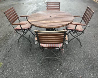 High-end Gorgeous Wood & Wrought Iron Patio Set Table  4 Folding Chairs