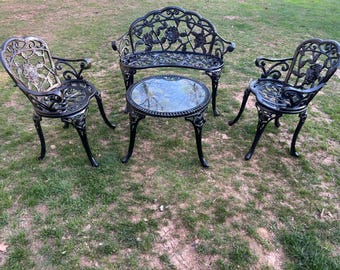 Gorgeous Vintage Heavy Cast Iron Conversation Set Bench, 2 Chairs & Table