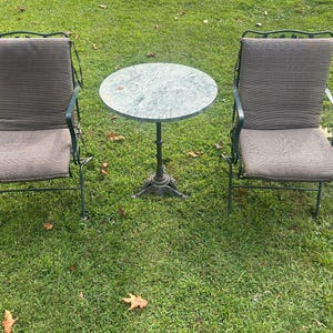 Wrought Iron Woodard Rockers with Marble Top Side Table: Outdoor Decor