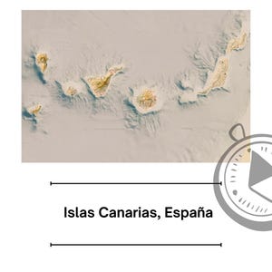 Puede incluir: Una imagen de satélite de las Islas Canarias, un grupo de islas frente a la costa de África, pertenecientes a España. Las islas se muestran en tonos marrones y beige, con el texto "Islas Canarias, España" debajo de la imagen.