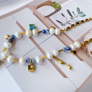 Lapis Lazuli & Freshwater Pearl Necklace: Dainty Beaded Choker