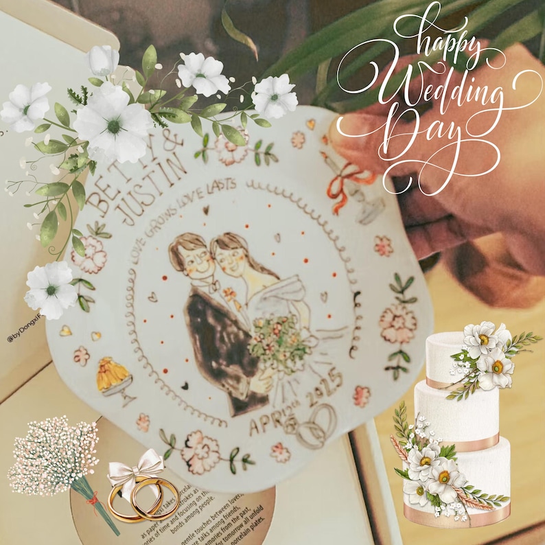Custom Hand-Painted Wedding Portrait Plate – Personalized Ceramic Dish with Photo, Hand-drawn Gift for Couple, Anniversary or Housewarming