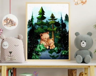 Bear Family Nursery Wall Art, Woodland Nursery Print, Winter Forest Animal Poster, Printable Kids Room Decor, Baby Room Digital Download